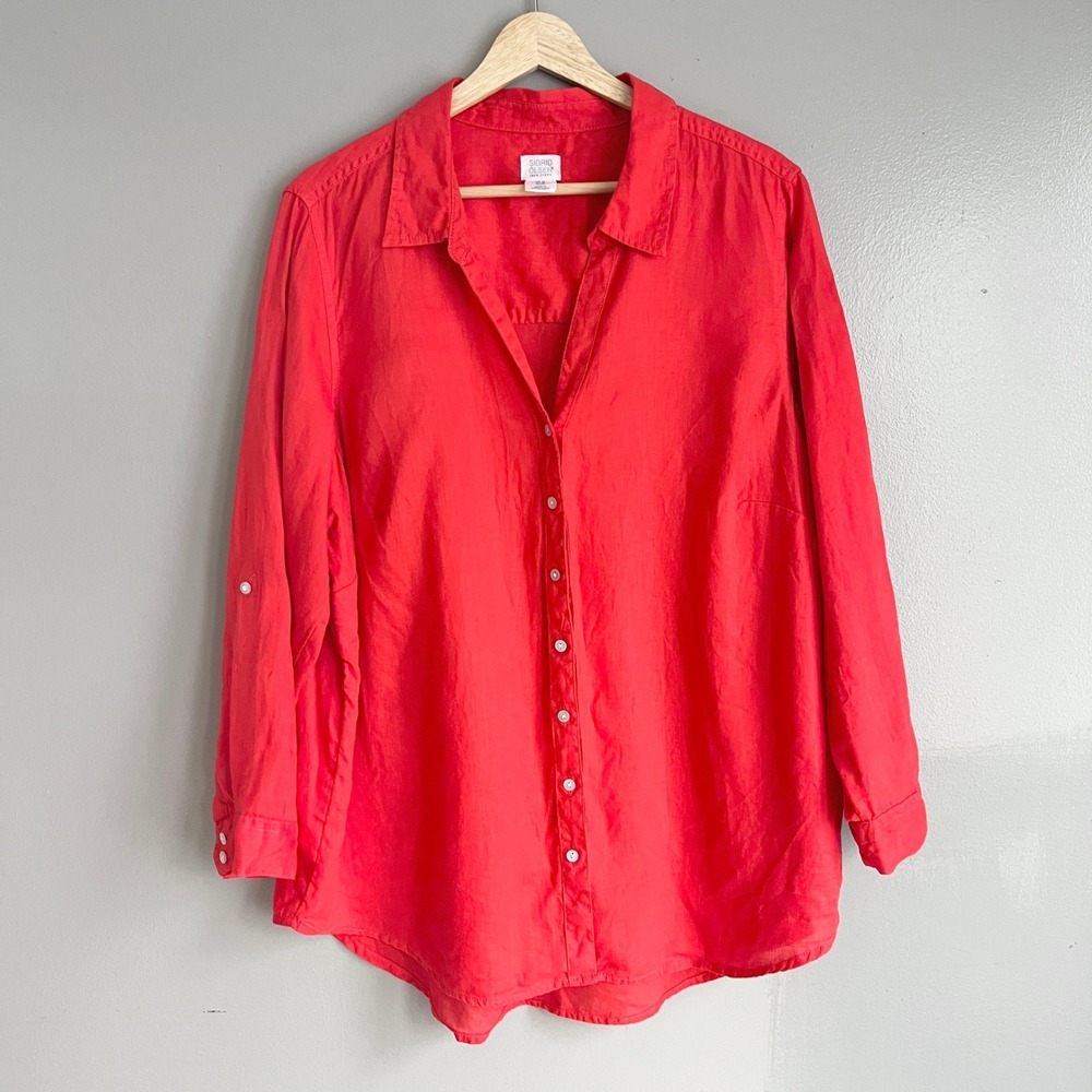 Sigrid Olsen Womens Tunic Bright Red 100% Linen Roll Tab Top Coastal Beach 1X